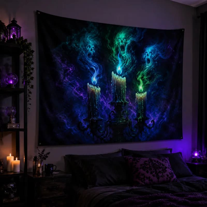 VIKAMA Witchcraft Dark Tapestry, Ghostly Mist and Ghost Face Wall Hanging, Eerie Occult-Themed Printed Tapestry, Home Decor