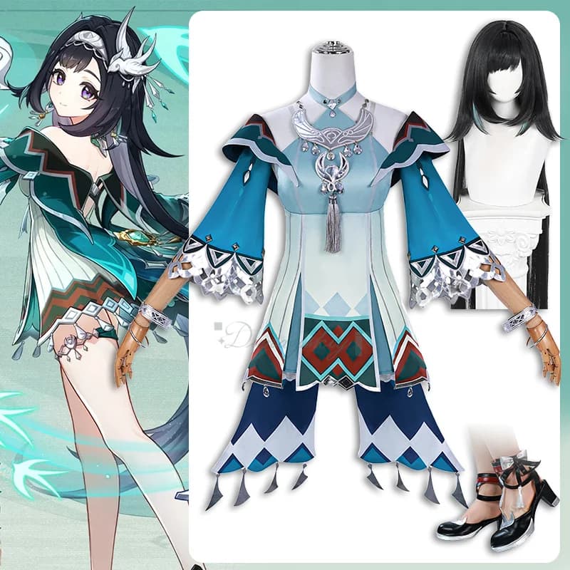 Genshin Impact Lan Yan Parrucca Cosplay Scarpe Set completo Abito da carnevale di Halloween per ragazze da donna