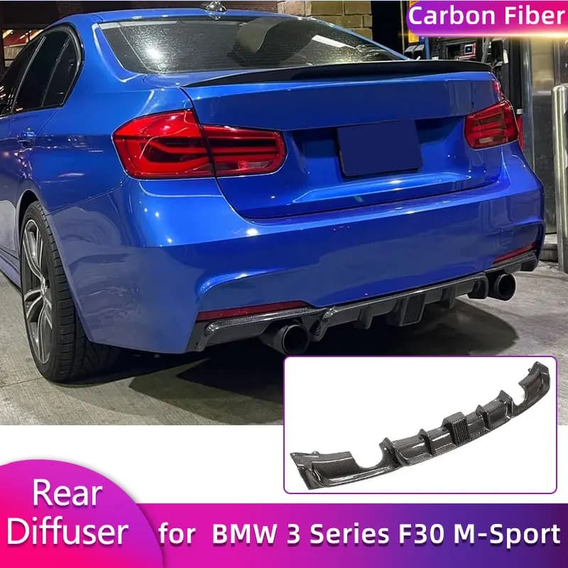 Carbon Fiber Rear Diffuser with LED Light for BMW 3 Series F30 M-Sport 2012-2018, Carrozzeria Kit with 2 sides and 1 FRP Output