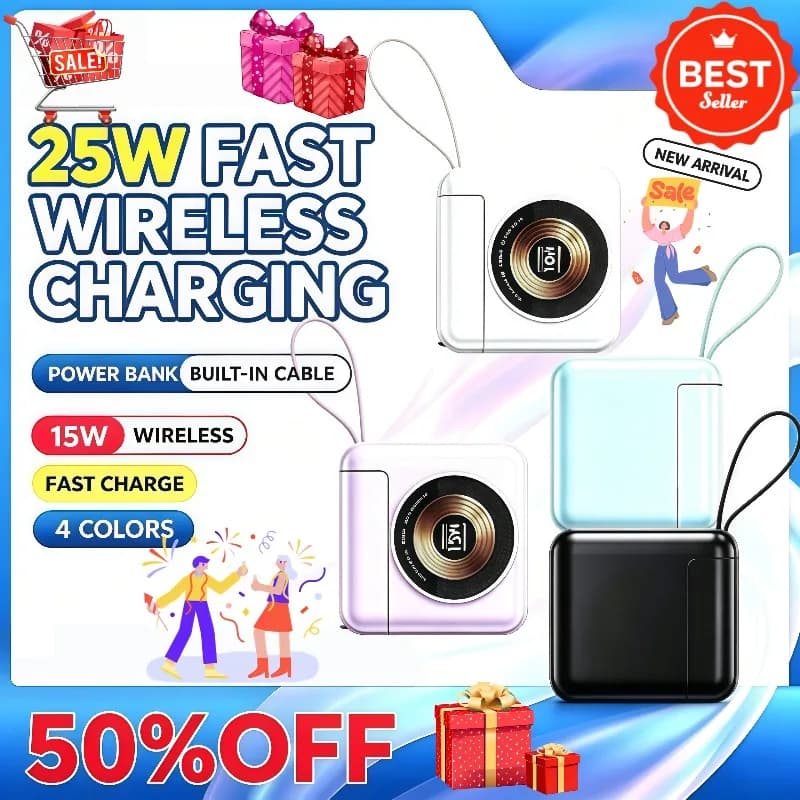 5 in 1 Magnetic Wireless PowerBank Type-C 45W Fast Charging With Dual Cables AC Plug for iPhone 12-17 Android Airpods 15000mAh