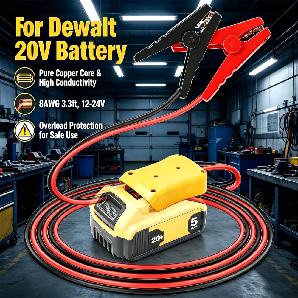 Cavo di Avviamento con Adattatore di Alimentazione per Batteria Dewalt 20V, Cavo Booster 8AWG 12-24V, Morsetti a Coccodrillo Resistenti per Auto e Camper
