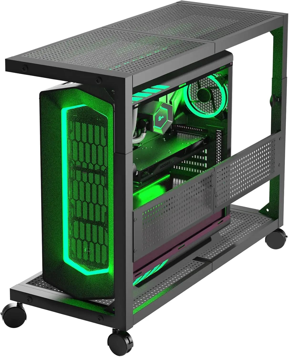 Supporto per PC a 2 Livelli Regolabile con Ruote e Tappetino per Mouse, per Accessori da Gaming e Ufficio Domestico