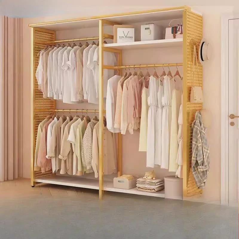 armadio semplice con foro per camera da letto domestica, ripiano in metallo, armadio aperto in ferro battuto con tenda antipolvere