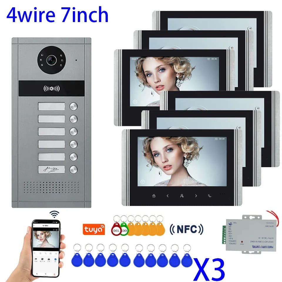 1080P Tuya Smart Video Doorphone for Multi-Apartment Metal Doorbell Video Intercom System 7inch Monitor with RFID Card Unlock