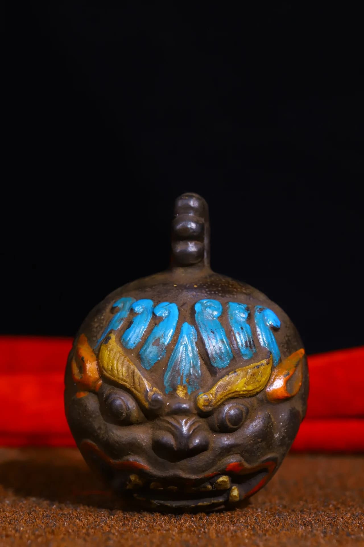 3"Tibetan Temple Collection Old Bronze Cinnabar Painted Tiger Head Bell Pendant Amulet Town house Exorcism