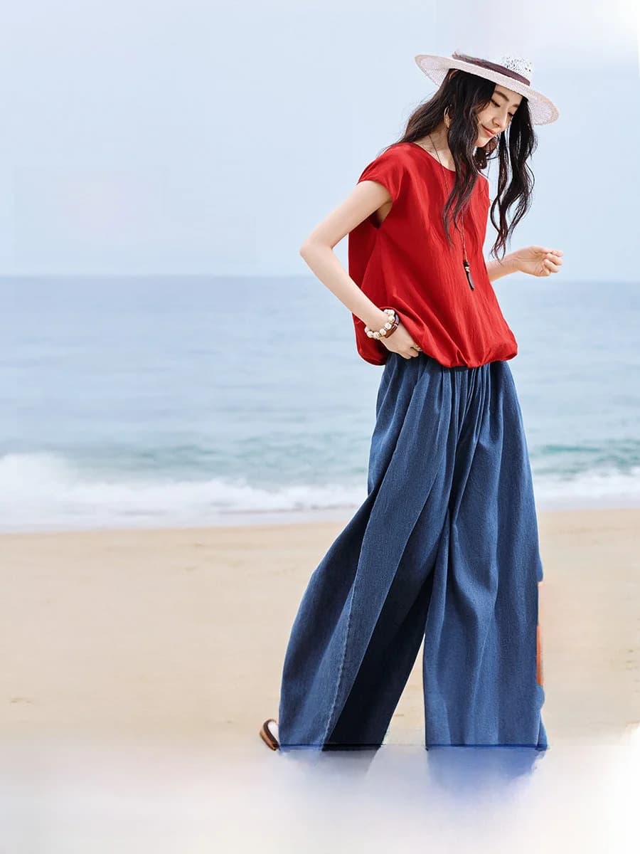 XWI Commuter Women's Summer Outfit Set with Blossom Design Top And Denim Skirt Shoulder Sleeve Fashion Elegant Style Cotton F...