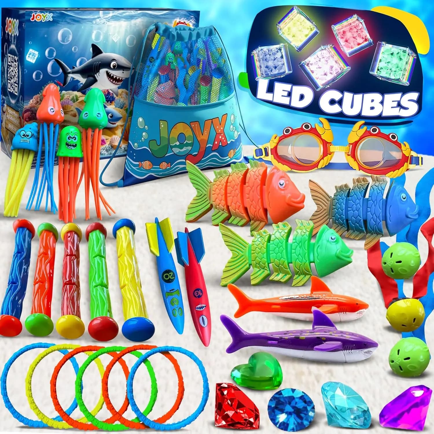 Set of 35 Diving Toys with LED Lights, Occhialini, Rings and Bags