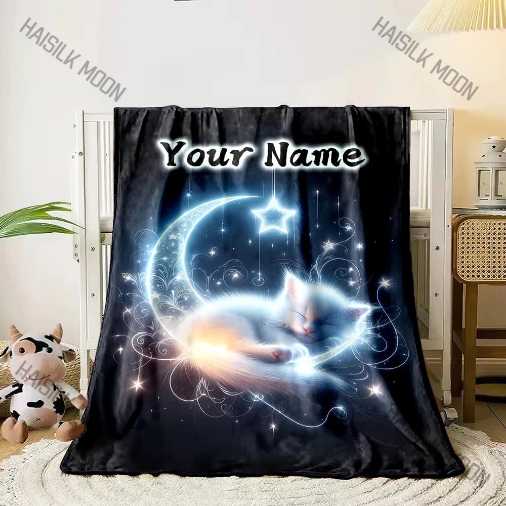 Nome personalizzato Coperta personalizzata Gattino che dorme sulla mezzaluna Stampa Coperte calde per bambini adulti e comoda coperta