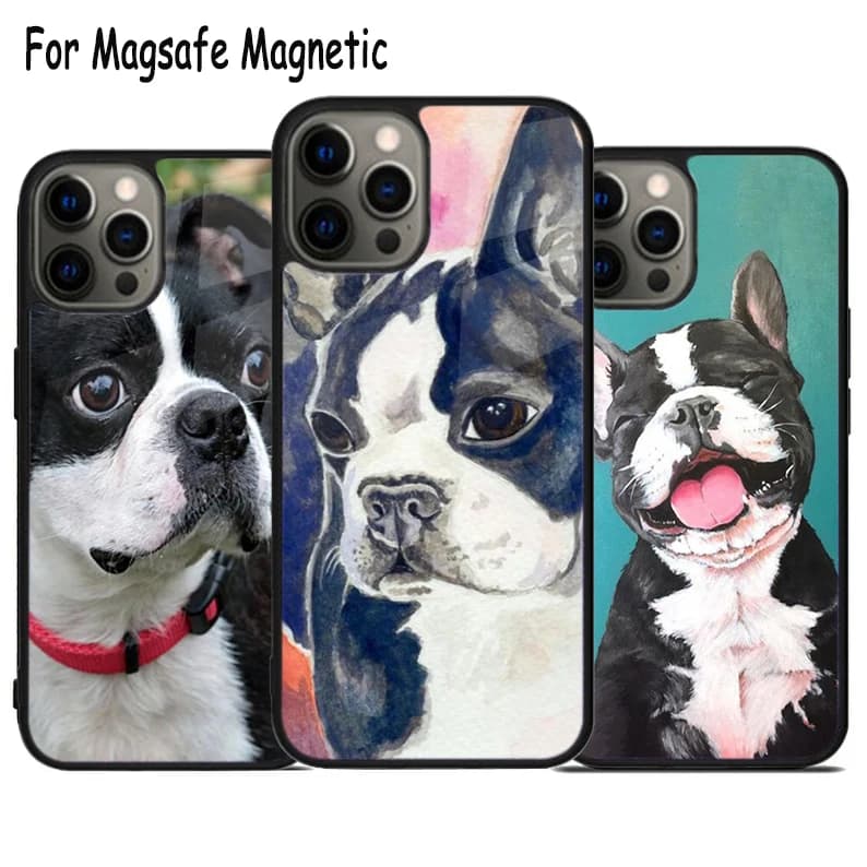 Custodia per telefono con ricarica wireless per cani Boston Terrier per iPhone 17 Air 15 16 16e 14 13 11 12 Pro Max Plus Magsafe Cover per paraurti magnetico