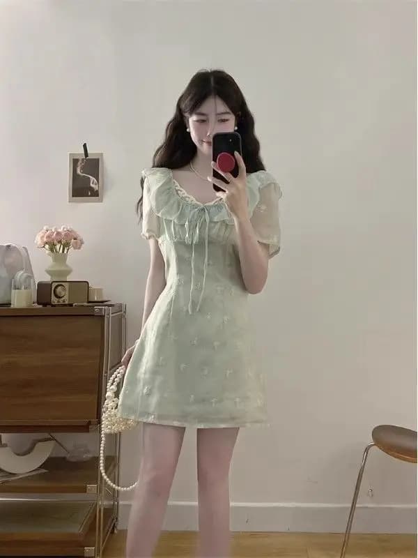 plus Size Gentle Short Sleeve Dress Women Summer Fashion Lace Skirt Conceal Belly Slim A-Line Skirt High Waist Polyester Dress