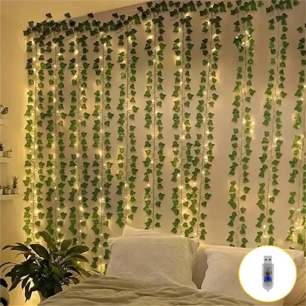 1PC 3M100LED Luce della stringa del LED della foglia di edera verde bianco caldo, decorazione della tenda interna alimentata tramite USB per le vacanze, matrimoni e feste