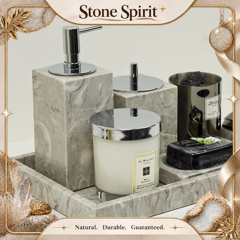 Light Luxury Natural Marble Bathroom Accessory Set for Hotel Washroom, Soap Dispenser with Vanity Tray,Bathroom Counter Supplies