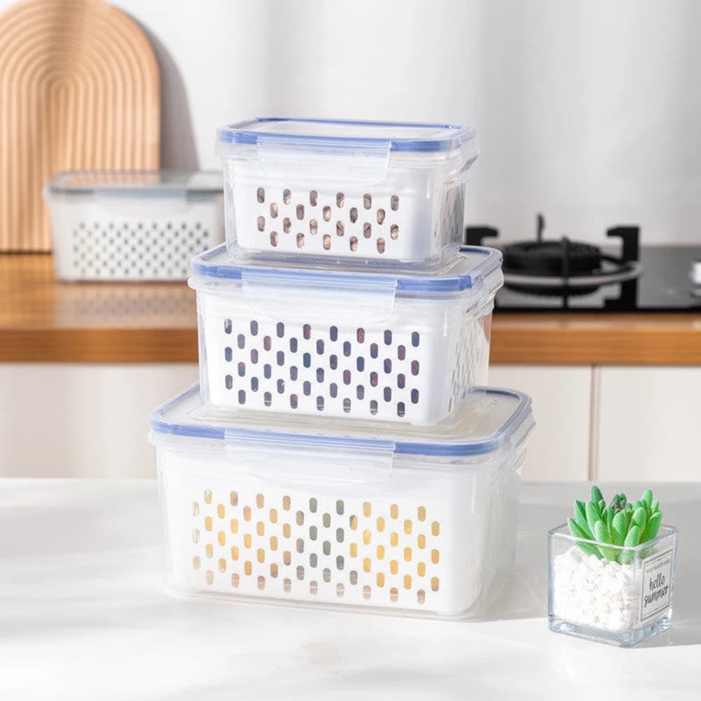 Contenitori per Frutta e Verdura da Frigorifero, Organizzatori Impilabili 3 in 1 con Scolapasta Rimovibile per una Facile Pulizia