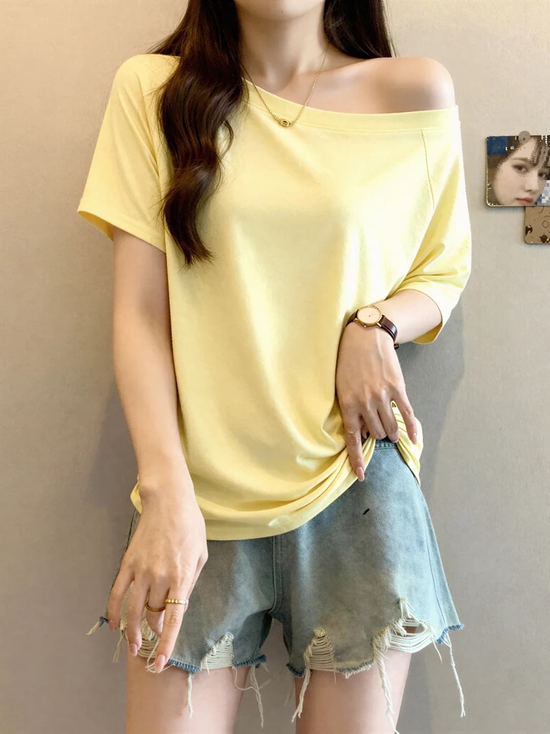 Korean Style Yellow Off-Shoulder Pure Cotton Short Sleeve T-Shirt Women Summer Large Size Casual Creative Design Top