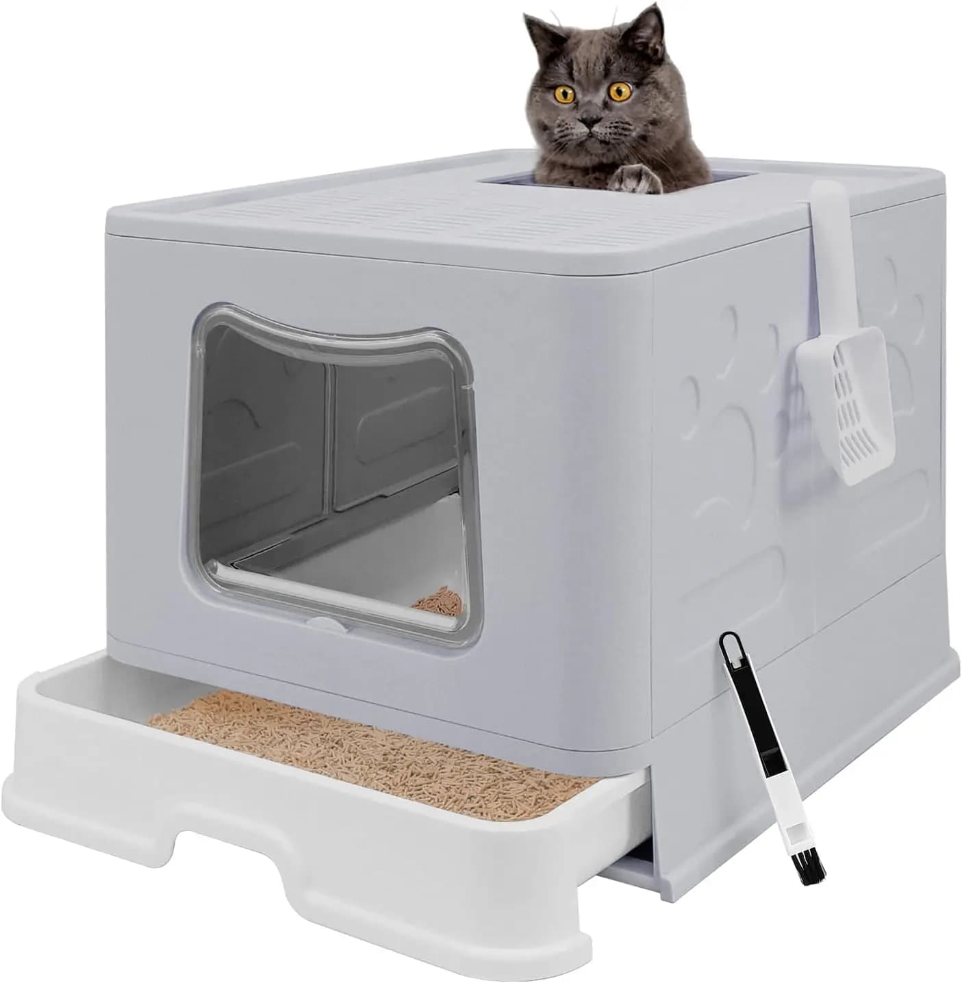 Lettiera per Gatti XL Pieghevole con Coperchio, Toilette Chiusa Jumbo, Ingresso Superiore Anti-Schizzi, Include Paletta e Spazzola (Grigio)