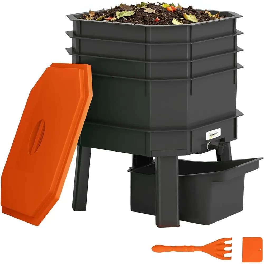 Composter a 4 Livelli per Vermicompostaggio, 7,4 Galloni, Doppio Uso Interno/Esterno, Kit di Avvio per Vermicompostaggio, Riciclo Rifiuti Alimentari, Arancione
