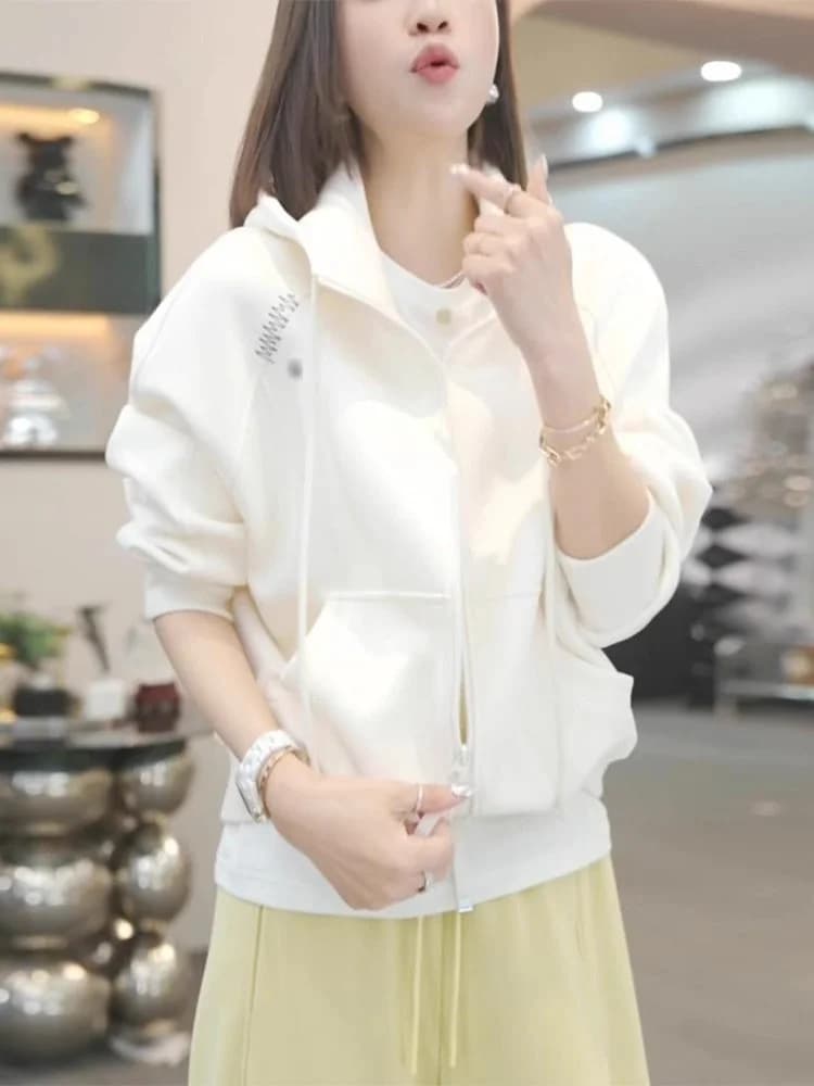 Giacca con Cappuccio e Zip alla Moda per Donna, Top Casual Sportivo Primaverile e Autunnale, Trendy e Rinnovatore, Marca di Tendenza