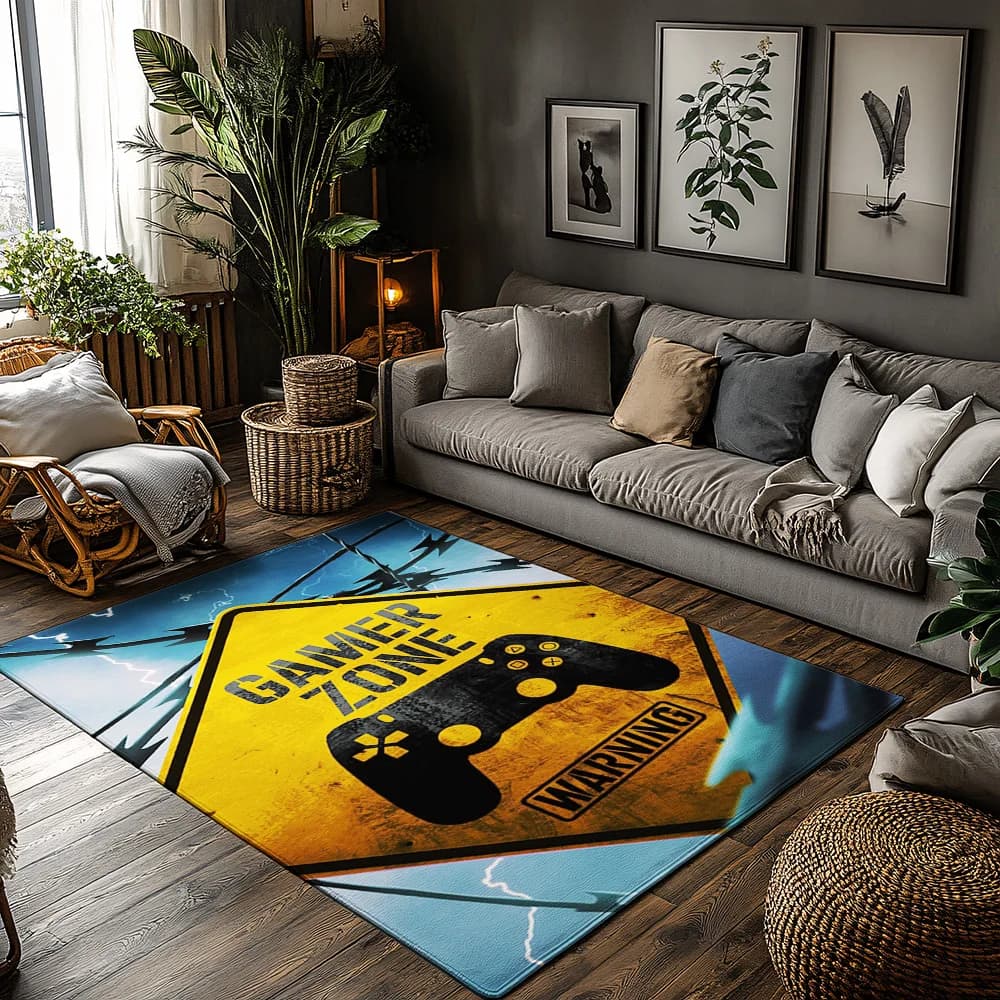 Gamer Zone Warning Rug, Yellow Black Gaming Carpet for Living Room, Soft Non-Slip Mat with Controller Design Decor