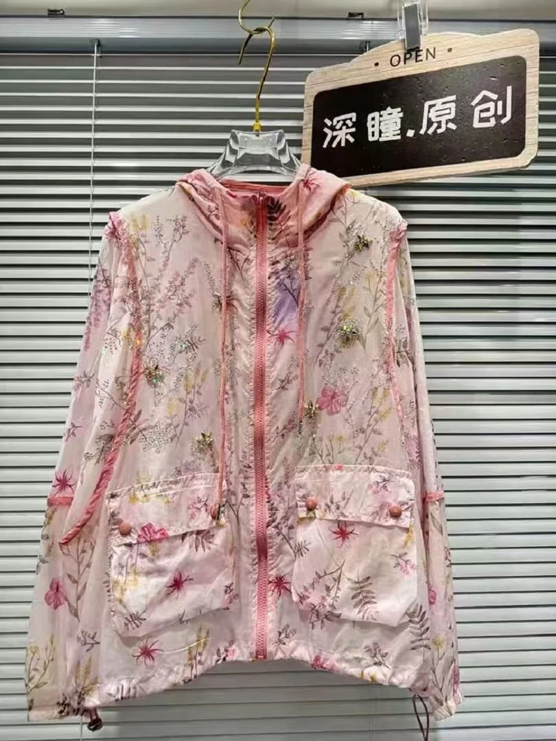 New In Sparkle Diamonds Embroidery Hooded Shirts Blouses For Women's Long Sleeve Loose Casual Sunscreen Tops Blusas 2025 Summer