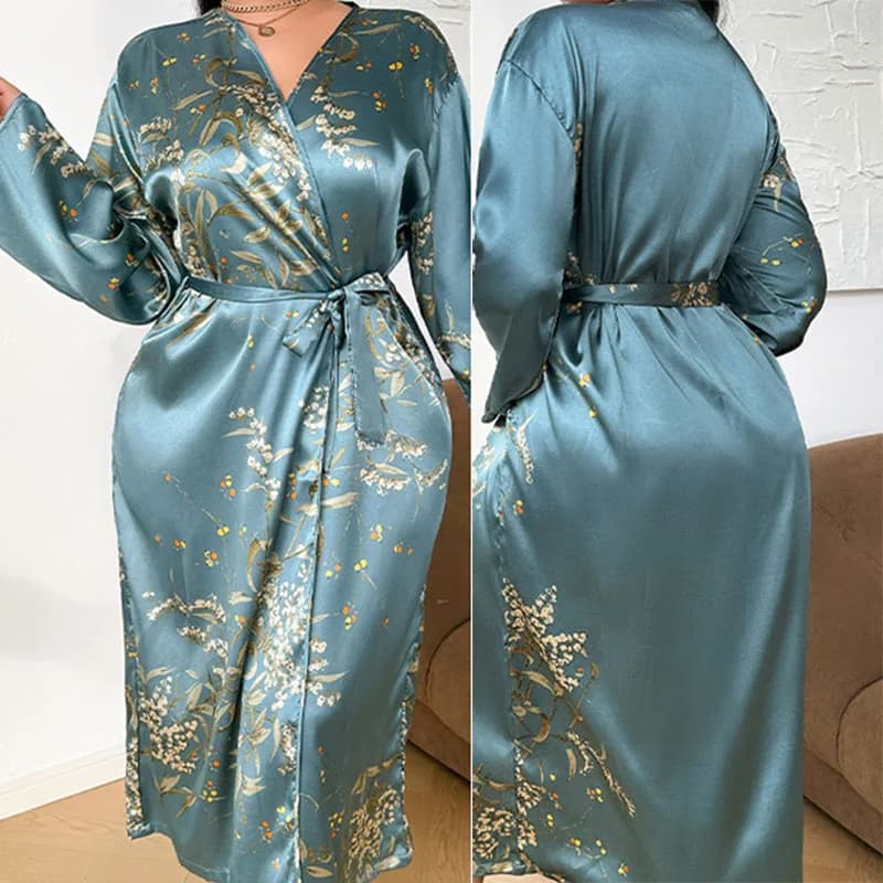 Oversize 3XL 4XL 5XL Long Dress Watch Kimono Bathrobe Silk Satin Dress Nightwear Casual Pijama Dress