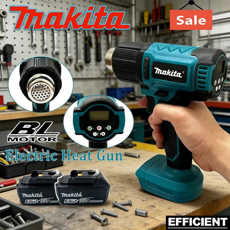 Pistola ad Aria Calda Elettrica Makita con Display Digitale, Senza Fili, 2 Ugelli, per Imballaggio Industriale e Termoretrazione
