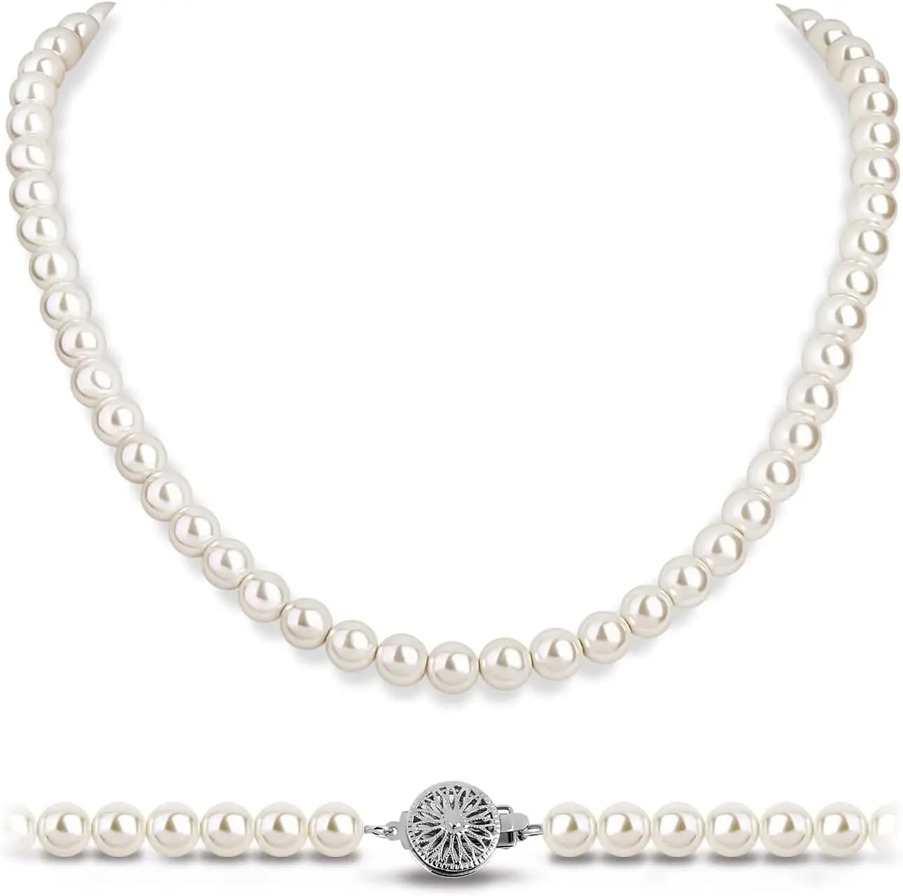 Elegante Collana di Perle Bianche per Donne: Catena Avorio 8mm/10mm con Chiusura in Argento – Accessorio Nuziale di Stile