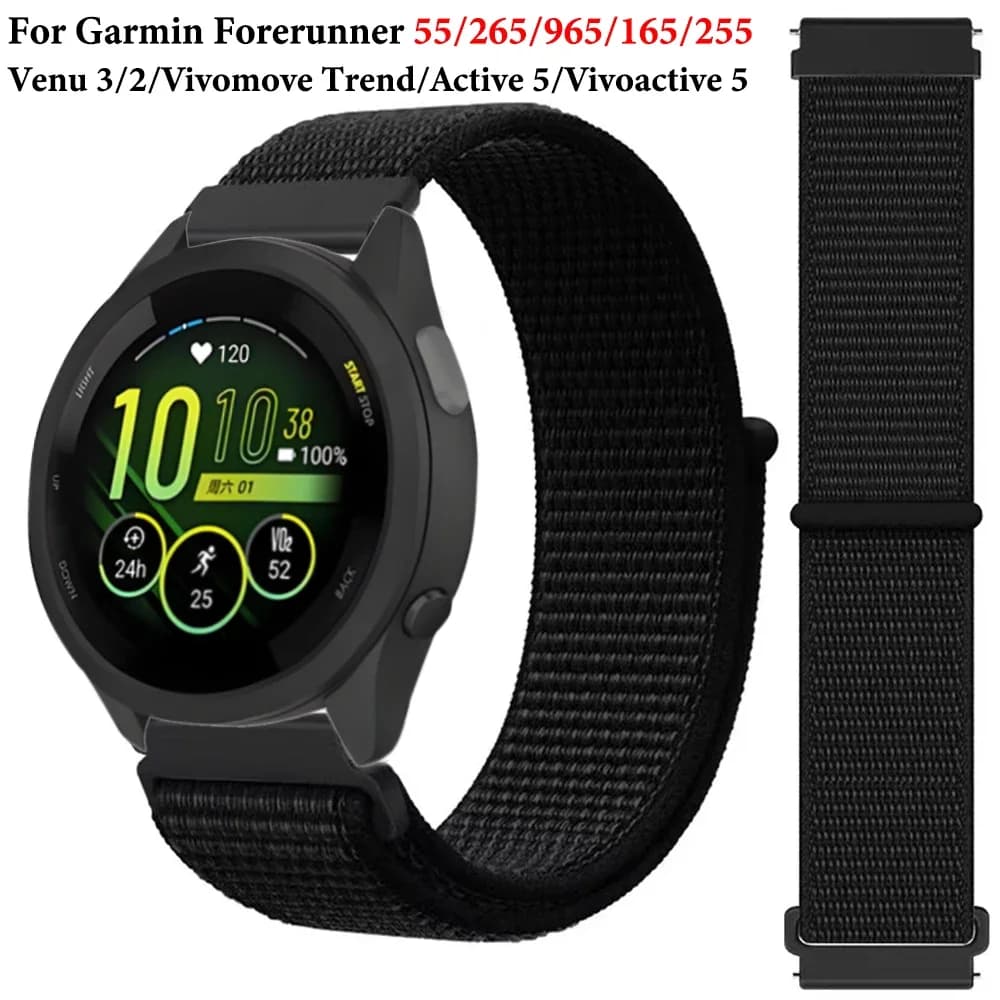 Cinturino in nylon da 20mm 22mm per Garmin Forerunner 55 165 265 965 255 Active 5/Vivomove Trend/Vivoactive 5/Venu 3/2 Cintura braccialetto