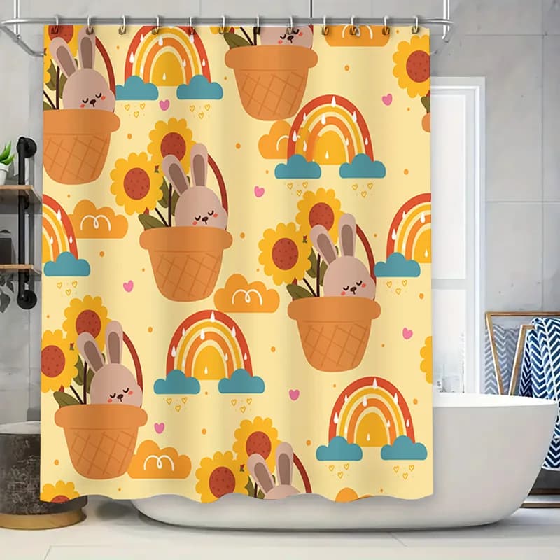 Adorabile tenda da doccia con stampa di coniglio con decorazione da bagno dal design floreale e arcobaleno per la decorazione domestica disponibile in diverse dimensioni