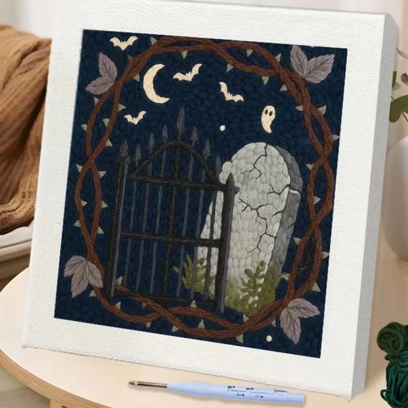 RUOPOTY Punch Needle Kits Create Moon Night Cemetery Wall Art Craft Kits Halloween Embroidery Kits For Beginners Interior Embro
