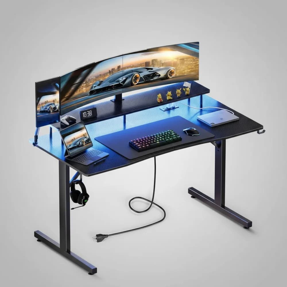 Scrivania da gioco da 55 pollici con luci a LED, porte di ricarica USB e supporto per monitor - Scrivania ergonomica per computer per giocatori e ufficio domestico