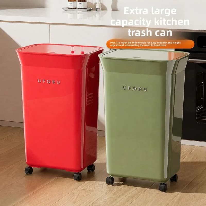 Large Capacity Kitchen Trash Can Wheels Push Top Lid Bend Free Kitchen Trash Bin Bathroom Trash Can Trash Can Kitchen Trash Bin