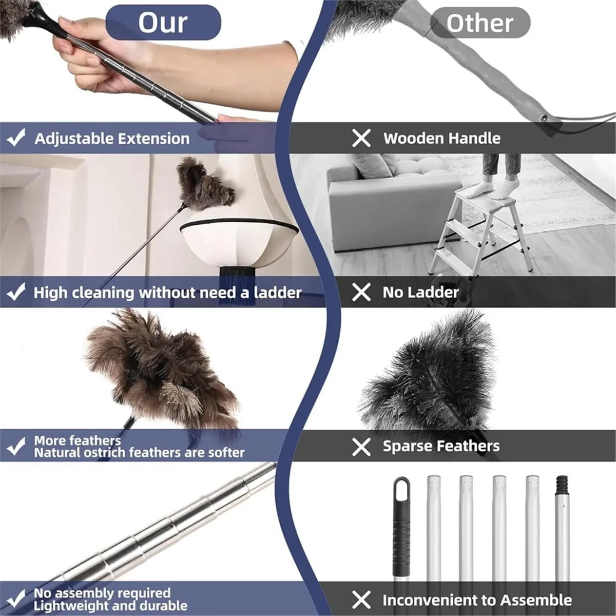 A24I Extendable Ostrich Duster with Stainless Steel Long Handle Brush Household Dust Cleaning Tools