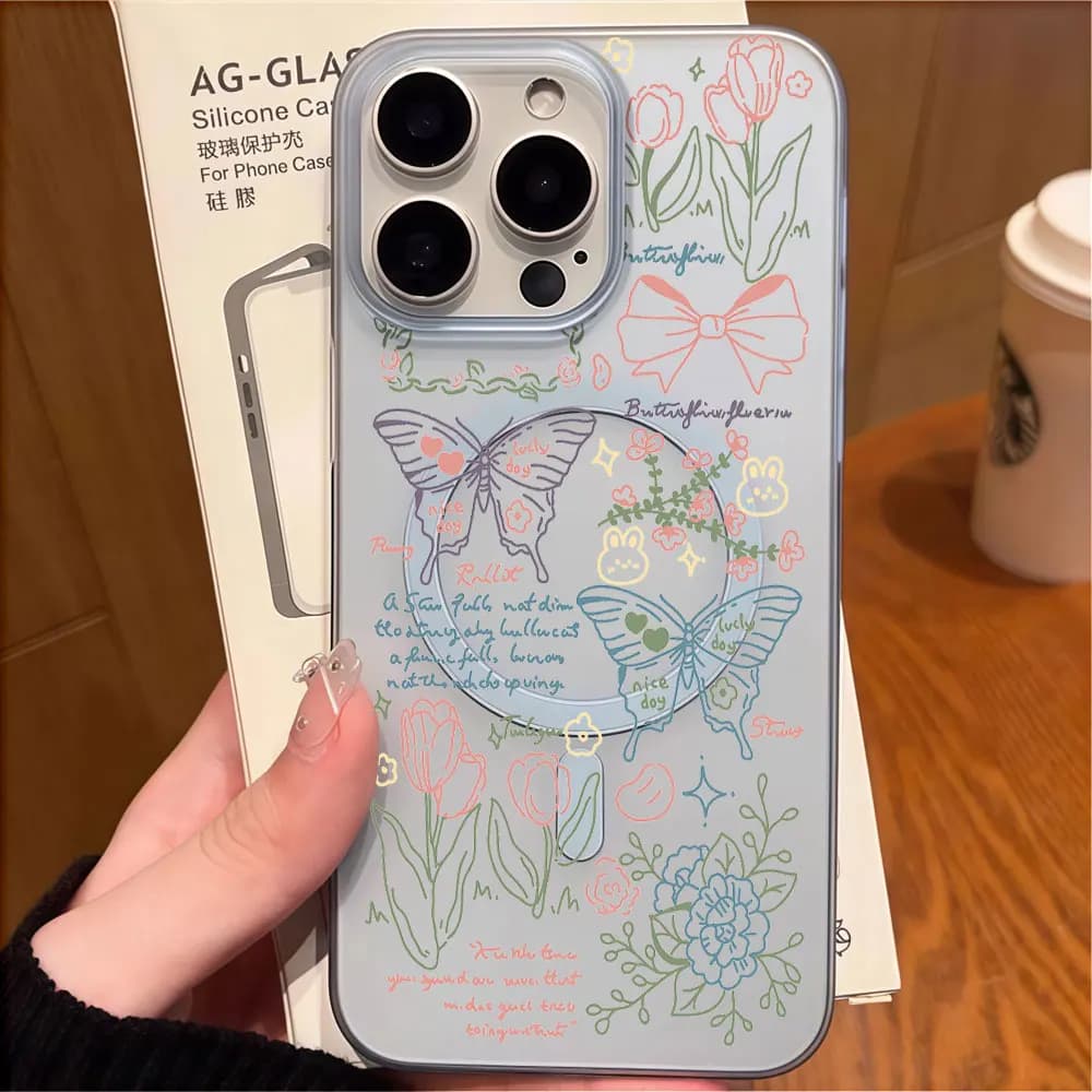 INS Line Art Butterfly Tulip Phone Case For iPhone 17 16 15 14 13 12 Pro Max 17 Air Wireless Charging Bumper Matte Camera Cover