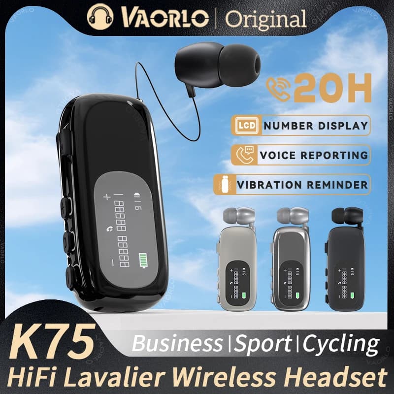 Bluetooth 5.4 K75 Business Lavalier, Calls/Music 20H with Microphone, Noise Cancellation, Photos with One Click, LCD, HIFI Wireless Headphones