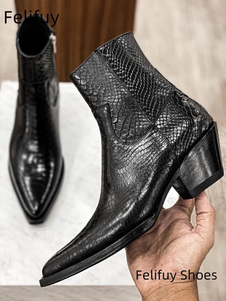 Chelsea Boots for Men Buckle Strap Stylish Genuine Leather Ankle Booties High-Top Pointy Toe serpentine cowhide boots for men