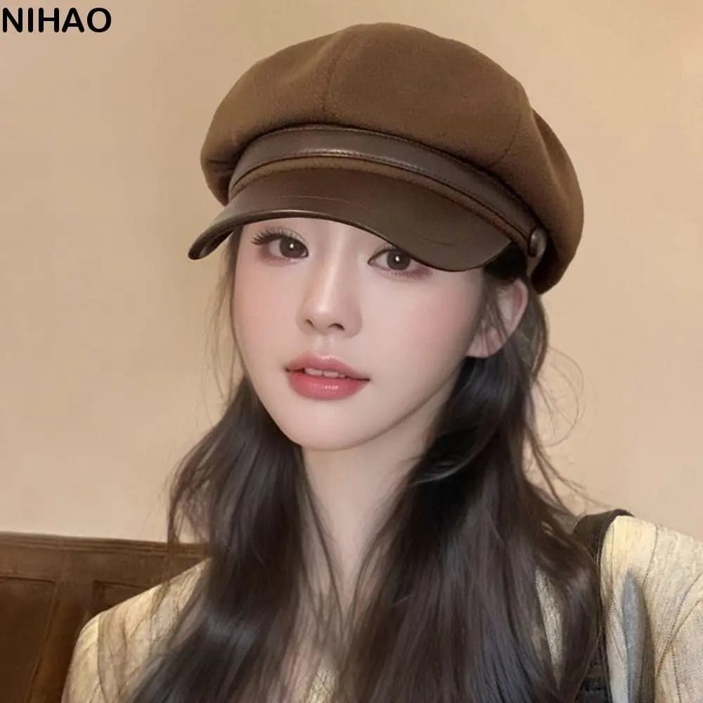 Fashion British Style Pu Leather Beret Korean Style Newsboy Cap Wool Octagonal Hat Retro Artist Hat Painter Hat Outdoor