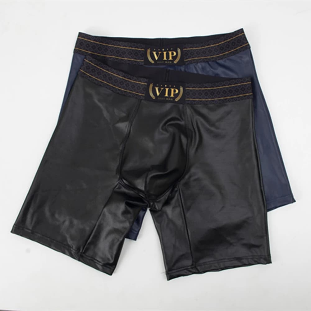 Sexy Men Imitation Leather Boxers Shorts Tight Fitting Bulge Pouch Underwear Fitness Casual Lengthen Boxershorts