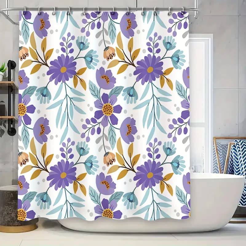 Tenda da doccia floreale vibrante con stampa floreale viola e blu, tappeto da bagno decorativo, copertura per la decorazione del bagno, accessori per la casa