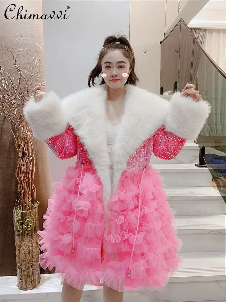 Giacca invernale in cotone da donna Nuova moda coreana Dolce grande collo in pelliccia foderato in pile spesso lucido filato nuvola caldo cappotto in cotone