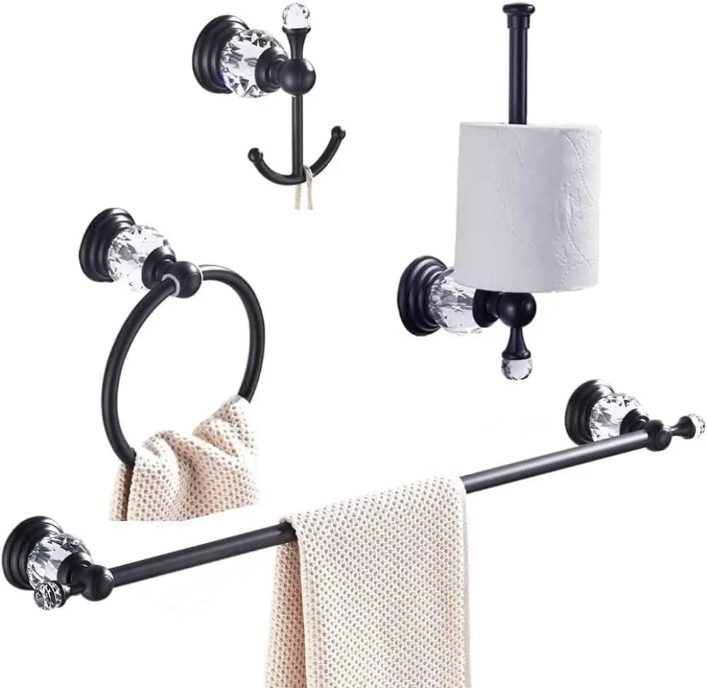Set di Accessori Bagno di Lusso Neri con Cristalli, Portasciugamani Retrattile, Portarotolo da Parete, Doppi Ganci, Anello Portasciugamani, Personalizzabile