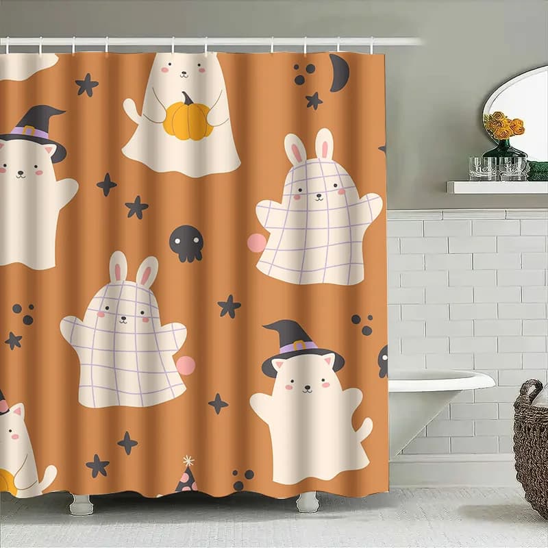 1pcCarina tenda da doccia per bambini di Halloween, cartone animato, coniglio, strega, fantasma, zucca, modello per la decorazione del bagno della camera dei bambini