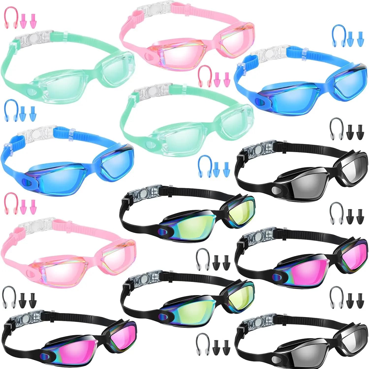 Confezione da 12 occhialini da nuoto antiappannamento con tappi per le orecchie e clip per il naso per adulti, protezione completa a tenuta stagna