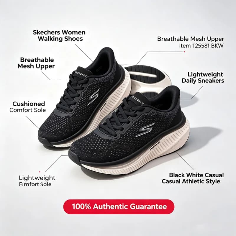 Skechers Women Walking Shoes 125581-BKW Black White Breathable Mesh Cushion Couple Daily Comfort Casual Athletic Sneakers