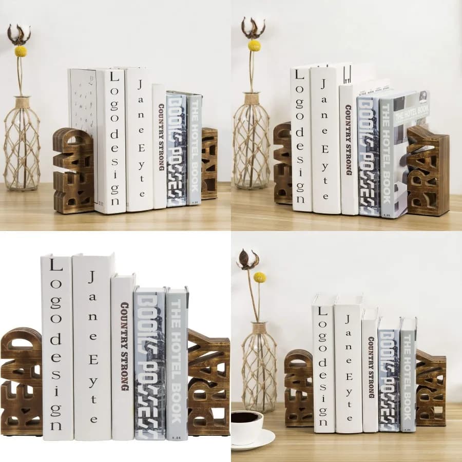Fermalibri Fermalibri in legno marrone bruciato rustico cristiano scolpito in lettere a blocchi di lettura e preghiera Supporti decorativi per libri domestici