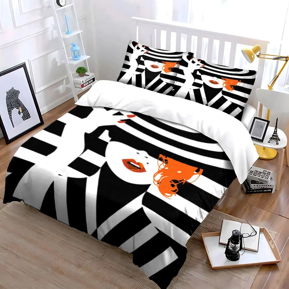 3Pcs Stylish Retro Woman Bedding Set, Black and White Stripes with Red Lips Print Duvet Cover + 2 Pillowcases,Fashion Art Decor