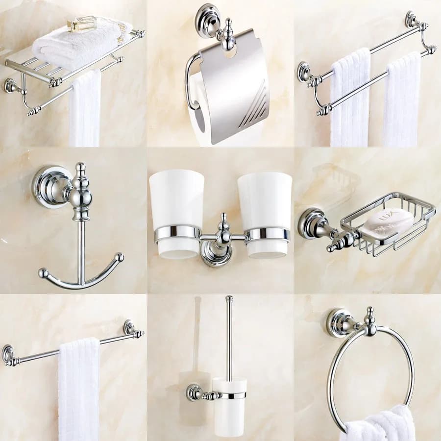 Set di accessori per il bagno a parete in ottone cromato lucido argento, set di portasciugamani per hardware da bagno aset017