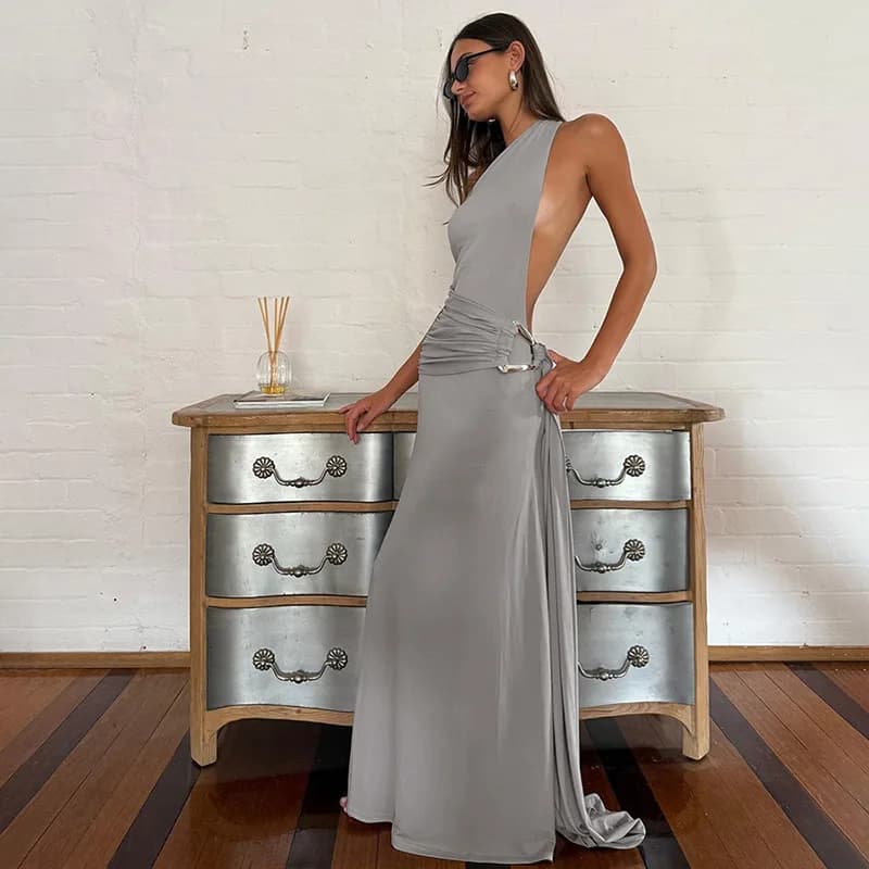 DSMTRC Sexy Personality Solid Color One -shoulder Bandage Long Dress for Women Summer Party Sleeveless Backless Metal Rings Robe