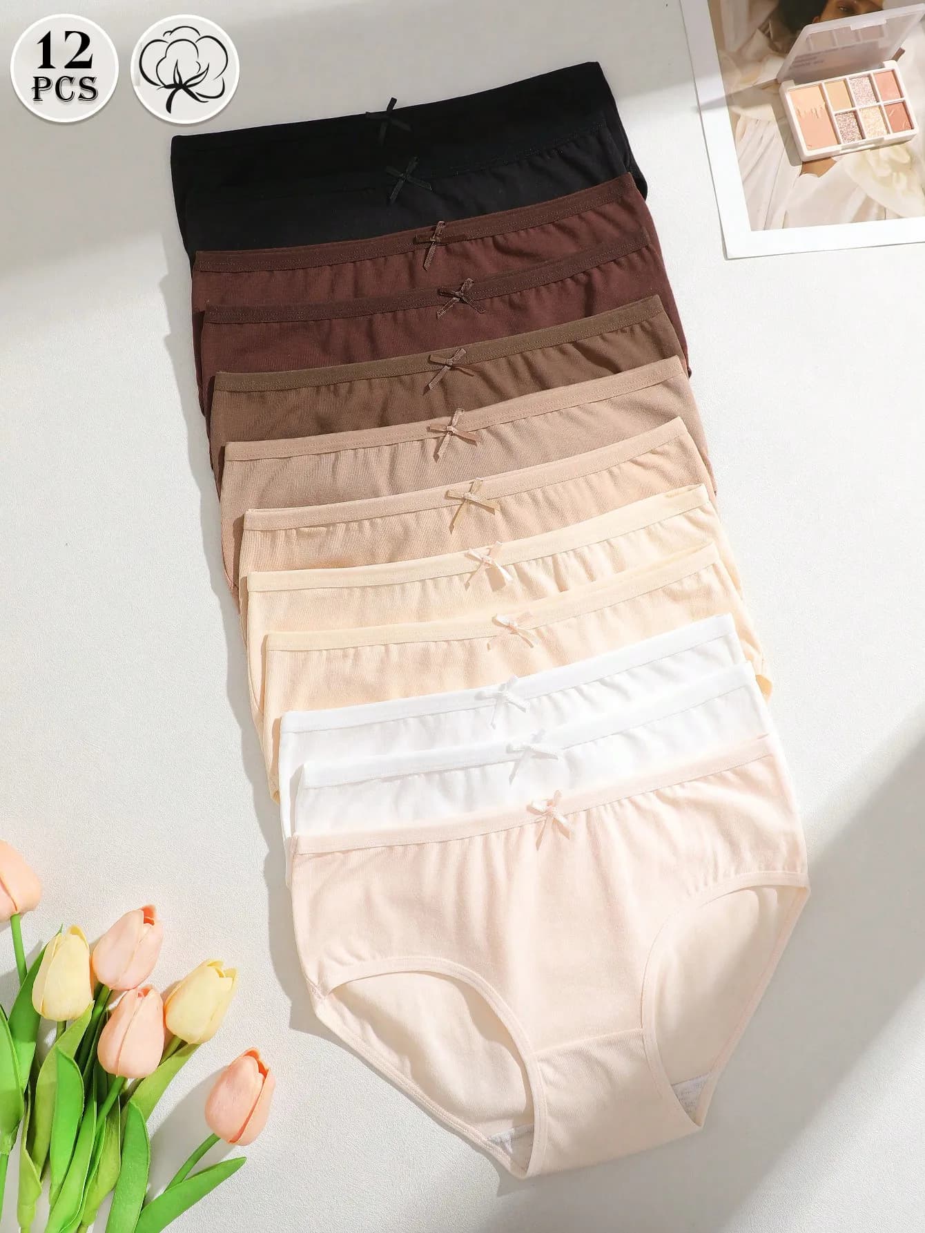 12 slip da donna in cotone tinta unita minimalista marrone con fiocco avvolgente sui fianchi, biancheria intima comoda e carina