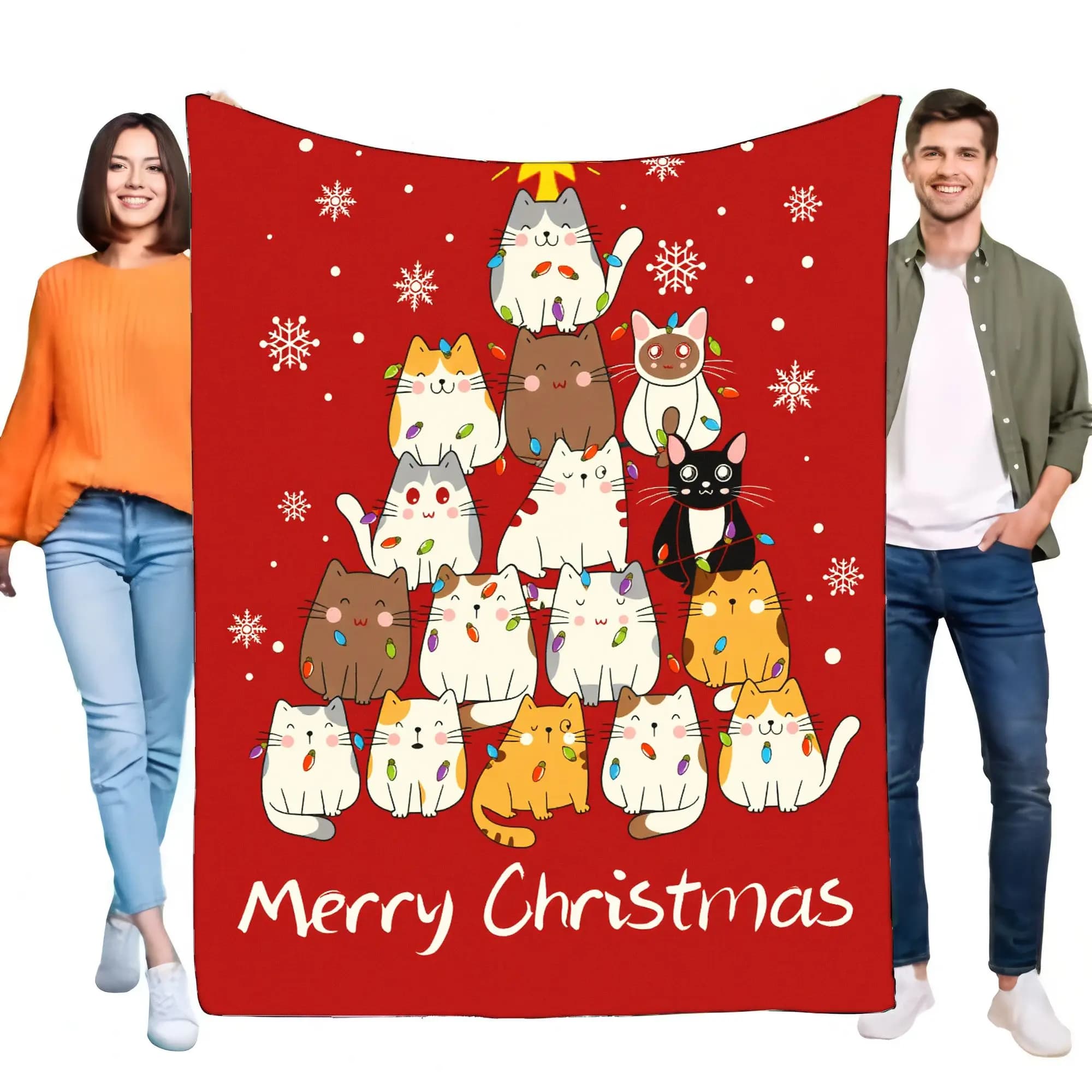 Coperta festiva per albero di Natale con gatti dei cartoni animati, morbida coperta rossa, accogliente design a fiocco di neve per divano letto, regalo perfetto per le vacanze per adulti e