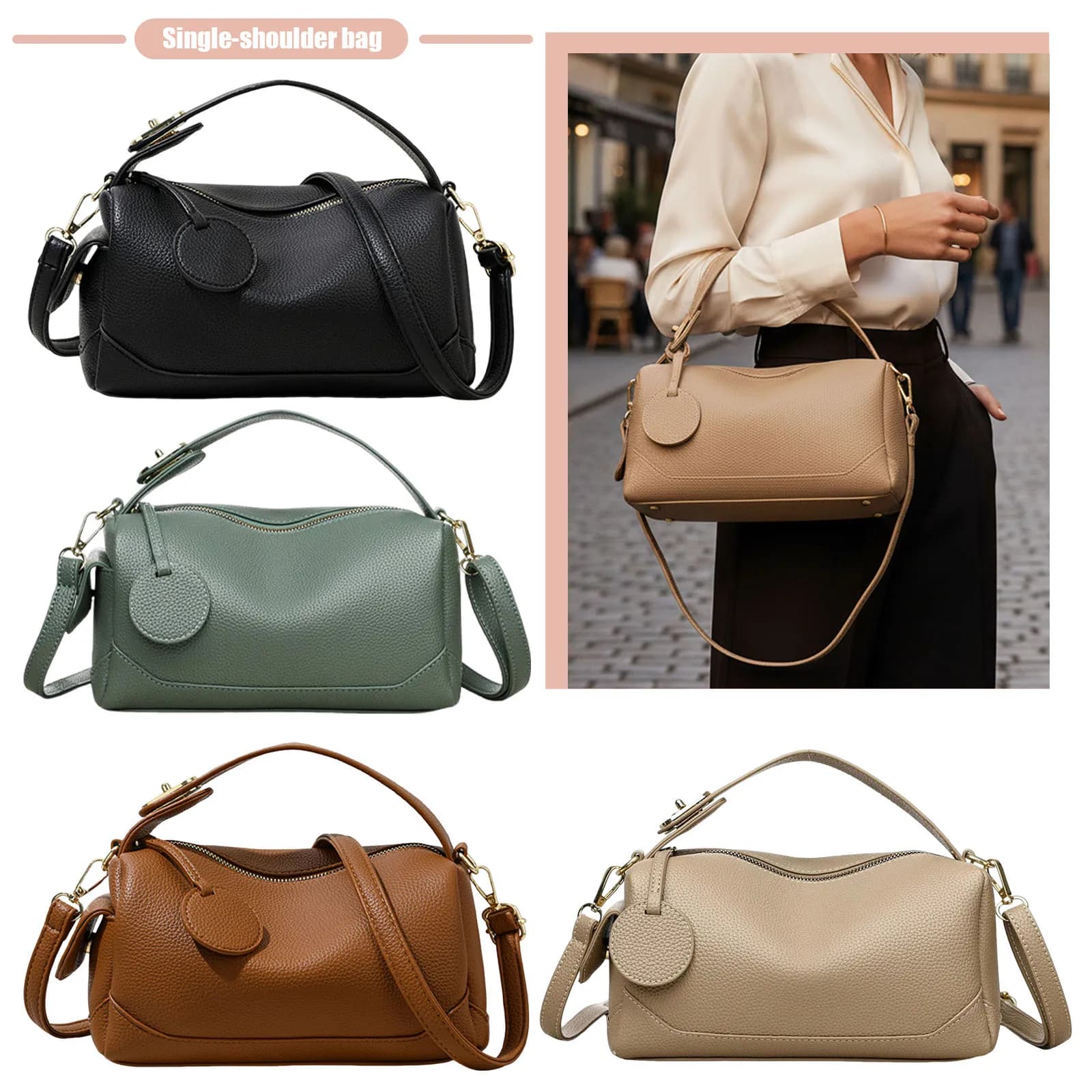 Borsa a tracolla da donna in pelle PU tinta unita con cerniera, borsa Boston semplice a cuscino, borsa a mano per viaggi, shopping, lavoro e uso quotidiano